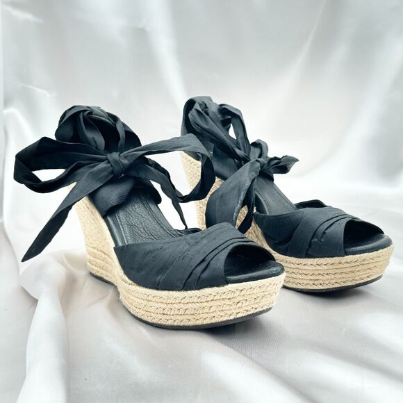 UGG Lucianna Black Silk Leather Espadrille Wedge Sandals 1002916 - Sz 9.5 - Picture 6 of 11